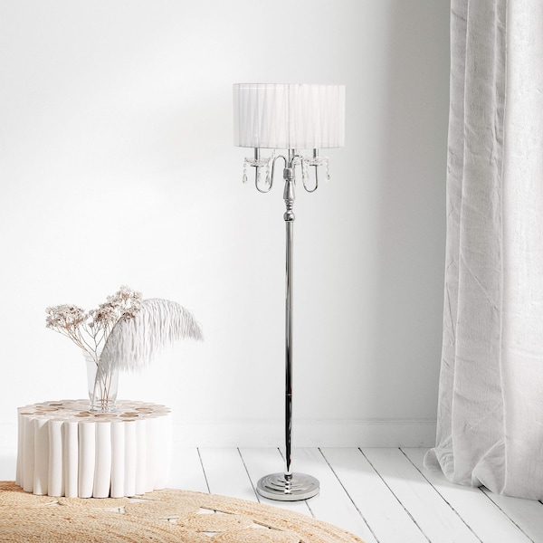 62-in. Glamorous Chrome Cascading Crystal Floor Lamp, White Shade